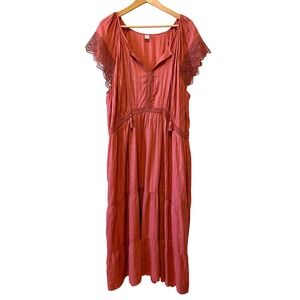 Old Navy Maxi Dress Size 3X Plus Pink Crochet Trim Tassel Tiered Boho Western